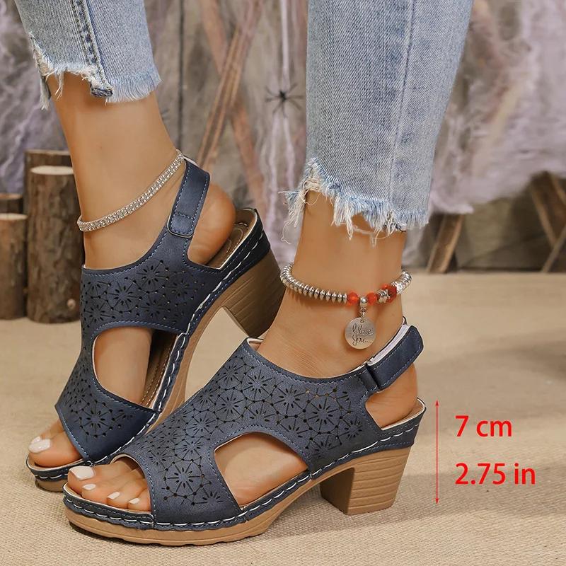 Fashion Women's Fashion Thick Sole Hollow Sandals Summer High Heel Peep Toe Sandal Female New Back Strap Square Heel Sandalias Mujer