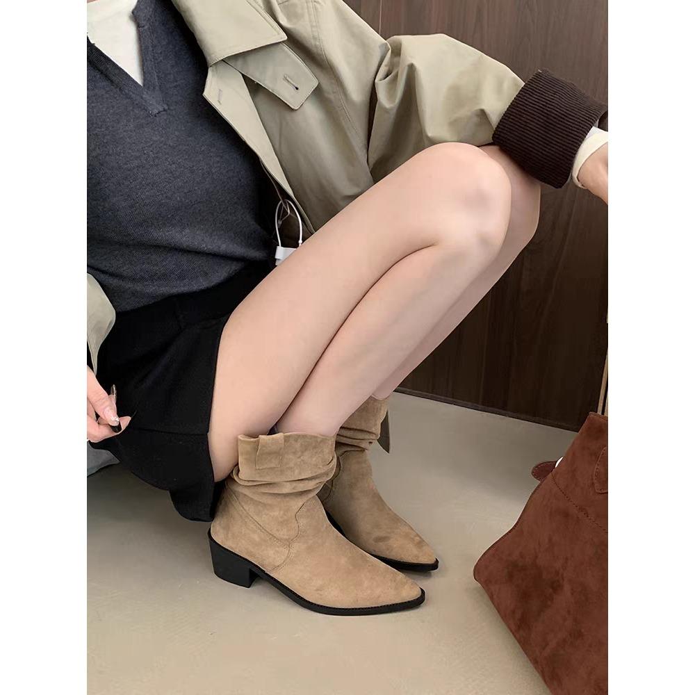 New 2026 Women's Autumn Winter Ankle Boots Cow Suede Leather Shoes for Women Pointed Toe Short Boots Chunky Shoes Western Boots