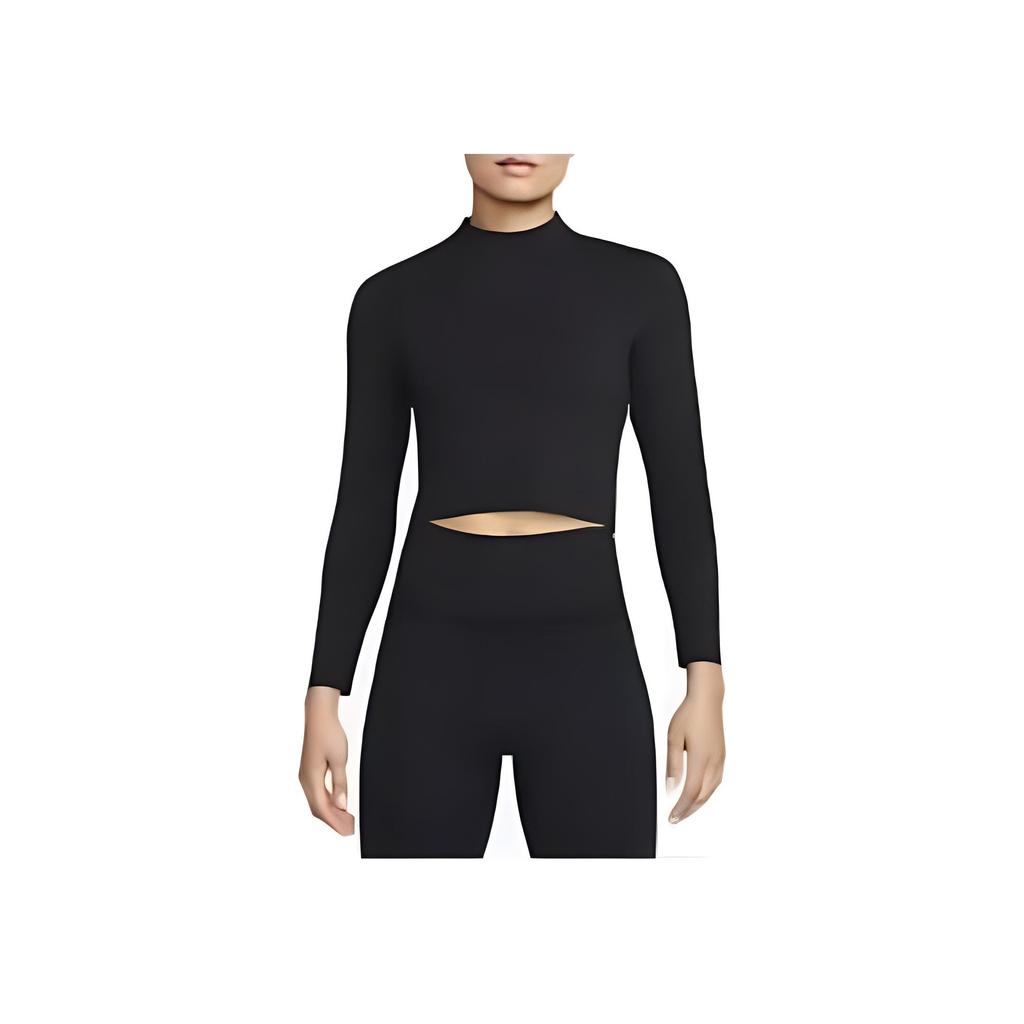 Nike Solid Color Short Slim Fit Mock Neck Long Sleeve T-Shirt Women Tops Black DR2204-010