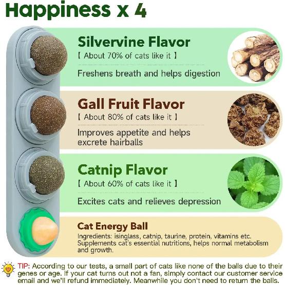 4 Flavor Catnip Silvervine Ball Toys Extra Cat Energy Ball Edible Cats Lick Kitten Chew Teeth Cleaning Dental Wall Treats