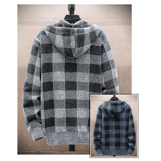 Zimowa męska bluza z kapturem Pluszowy dzianinowy płaszcz Długie rękawy Zapinana na zamek z kapturem Odzież wierzchnia Luźny krój Kraciasty wzór Gruba ciepła Podwójne kieszenie Sport Outdoor Praca Codzienna