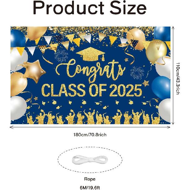Congrats Class of 2025 Banner Blue Gold Graduation Decorations - Large 2025 Graduation Photo Backdrop, Navy Blue Congratulations Banner Grad Party