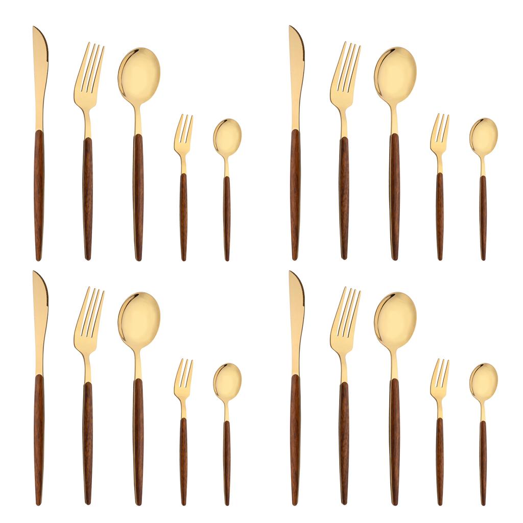 Gold Imitation Wood Handle Cutlery Set Western Stainless Steel Tableware Set 20PcsPcs Kitchen Knife Fork Spoon Dinnerware Set