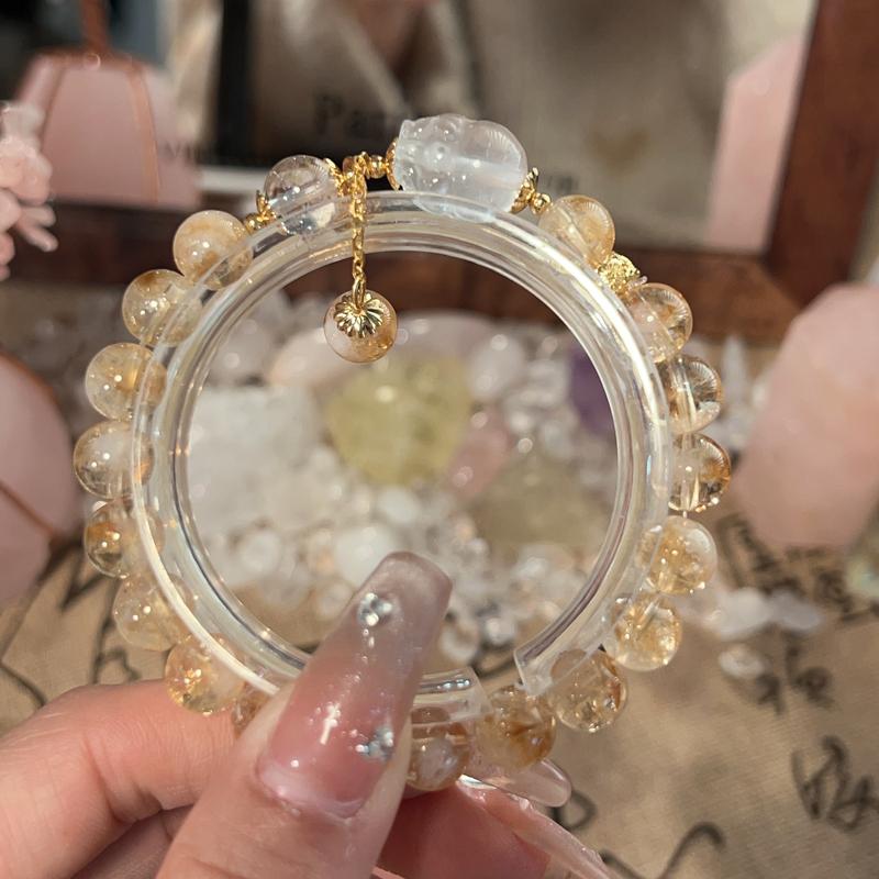 Natural Yellow Crystal Bracelet for Women, Original Design, Fortune-attracting and Luck-bringing, Beaded Yellow Crystal and White Crystal Pixiu