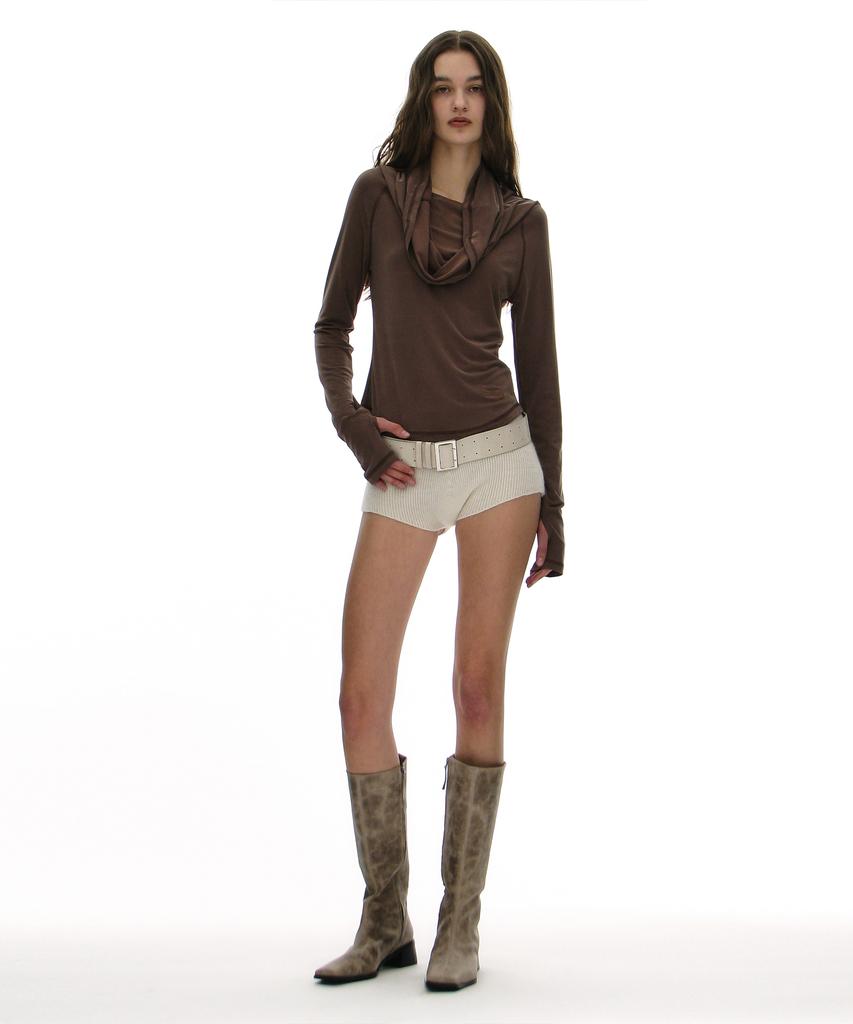 PARTIMENTO WOMEN 3-Way Cowl Neck Long Sleeve Tee_Brown