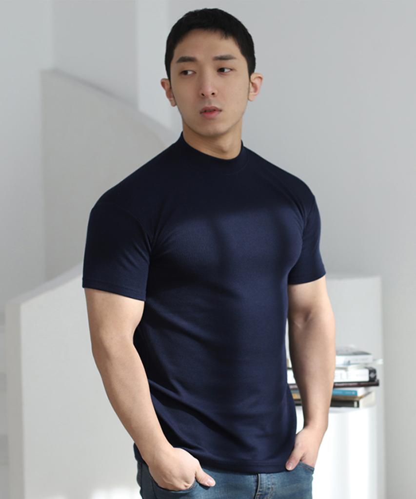 BOASTFIT Muscle Fit Ribbed Half-Neck Short Sleeve Knit