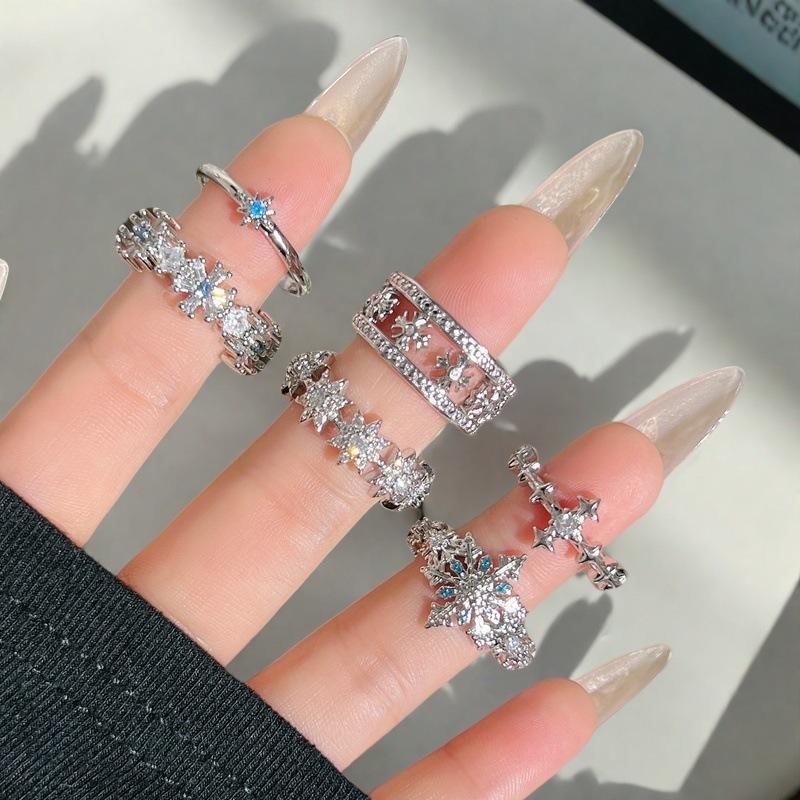 Neuer Leichter Luxus High-End Voll Diamant Zirkon Sternenlicht Schneeflocke Öffnungsring Nischendesign Personalisierter Ring