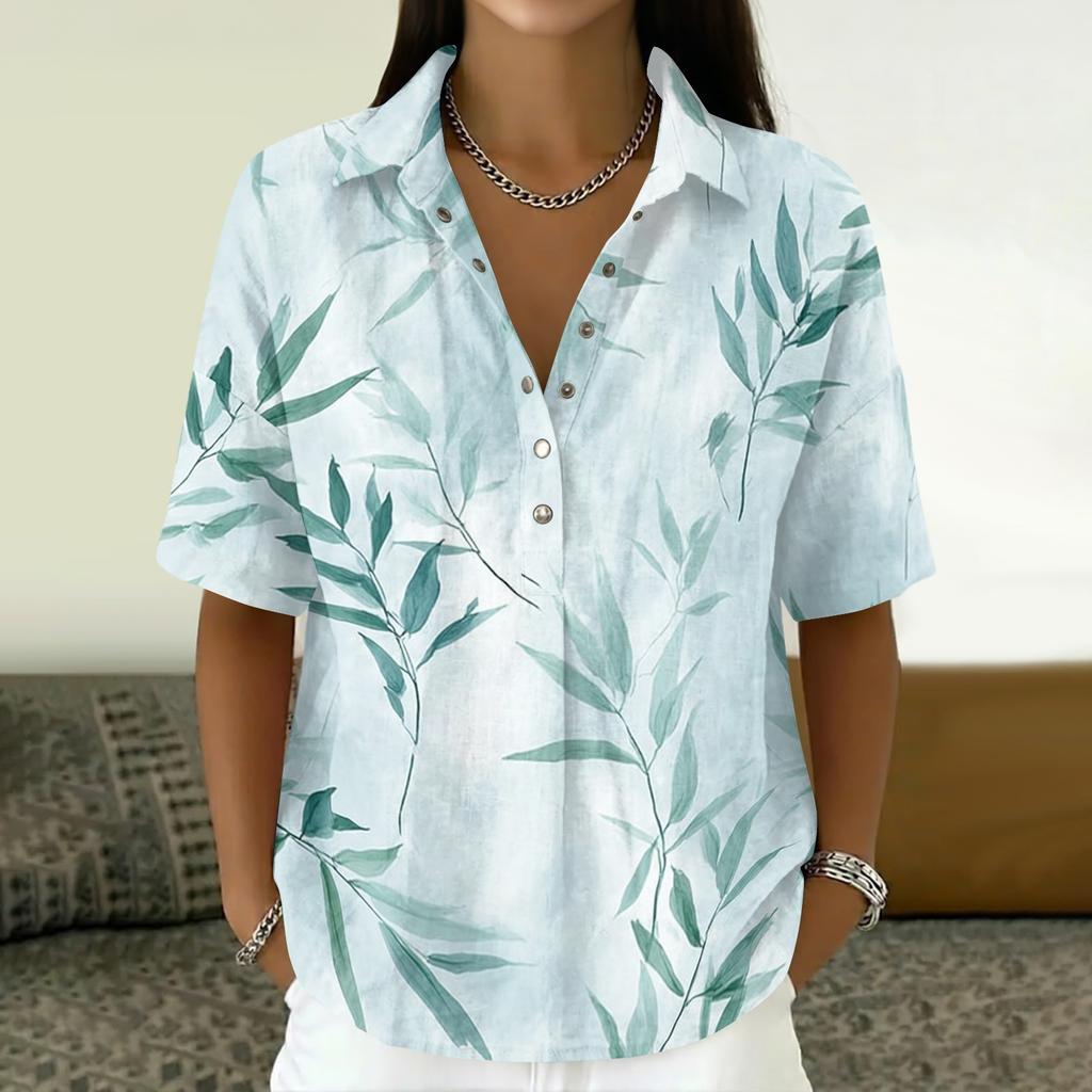 Damen Vintage Blumenprint Kurzarmhemd Lockerer Schnitt Knopfleiste Kragen Freizeitbluse Leichtes Atmungsaktives Gewebe