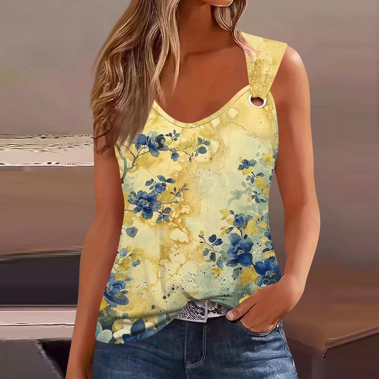 

Womens Tank Top V Neck Basic Printed Casual Flowy Sleeveless Deep Side Cut Tops For Women XL жовтий