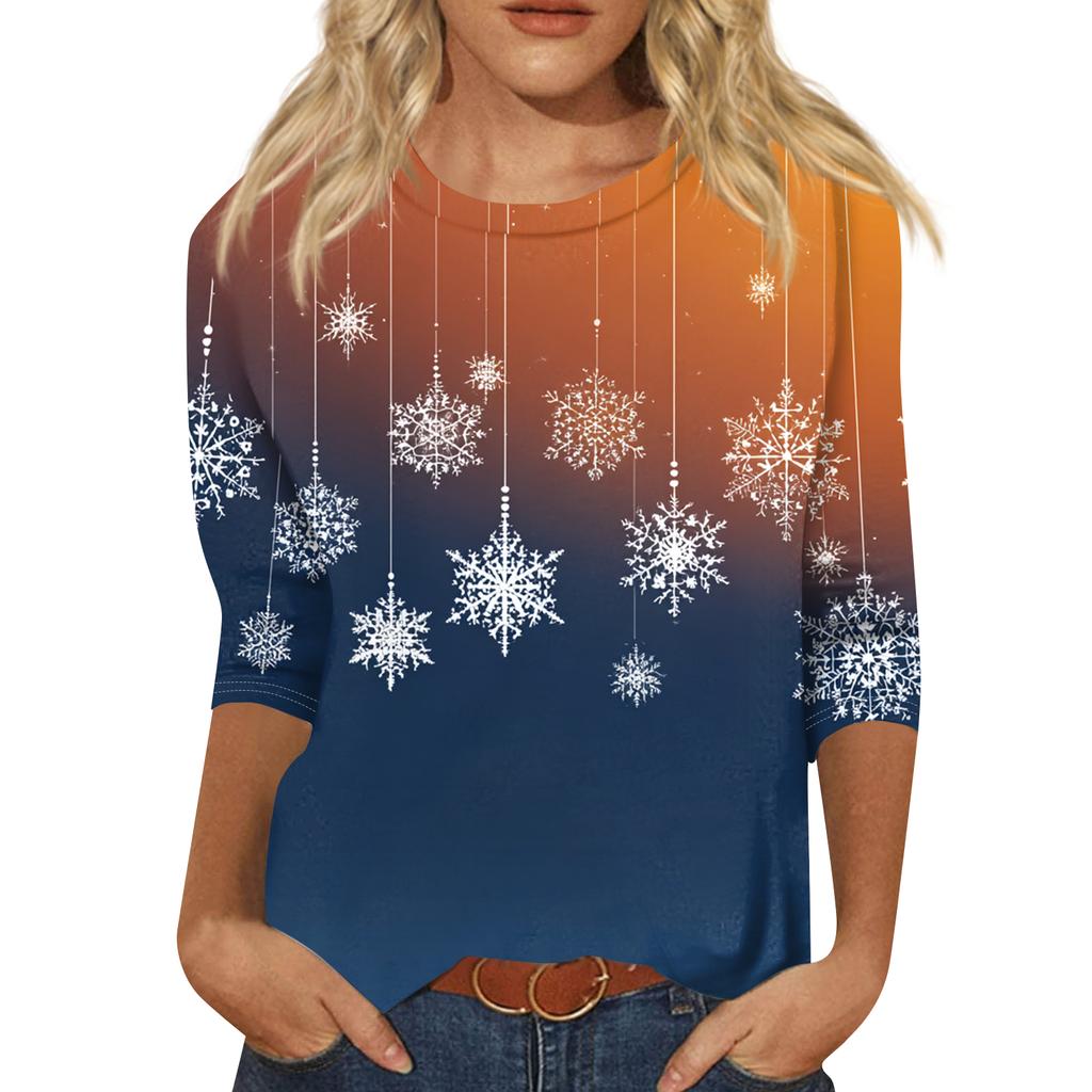 Lässiges Damen-T-Shirt mit Rundhalsausschnitt, Dreiviertelärmeln und Weihnachtsmotiv