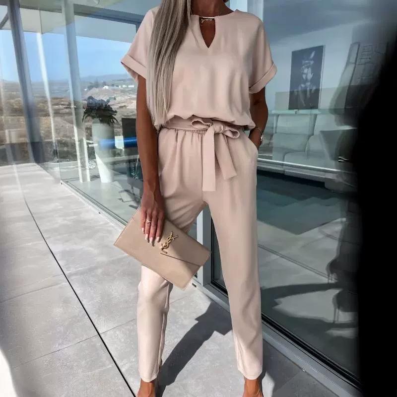 INS Summer V-neck Short Sleeve Elastic Waist Jumpsuit with Patch Pockets for Women