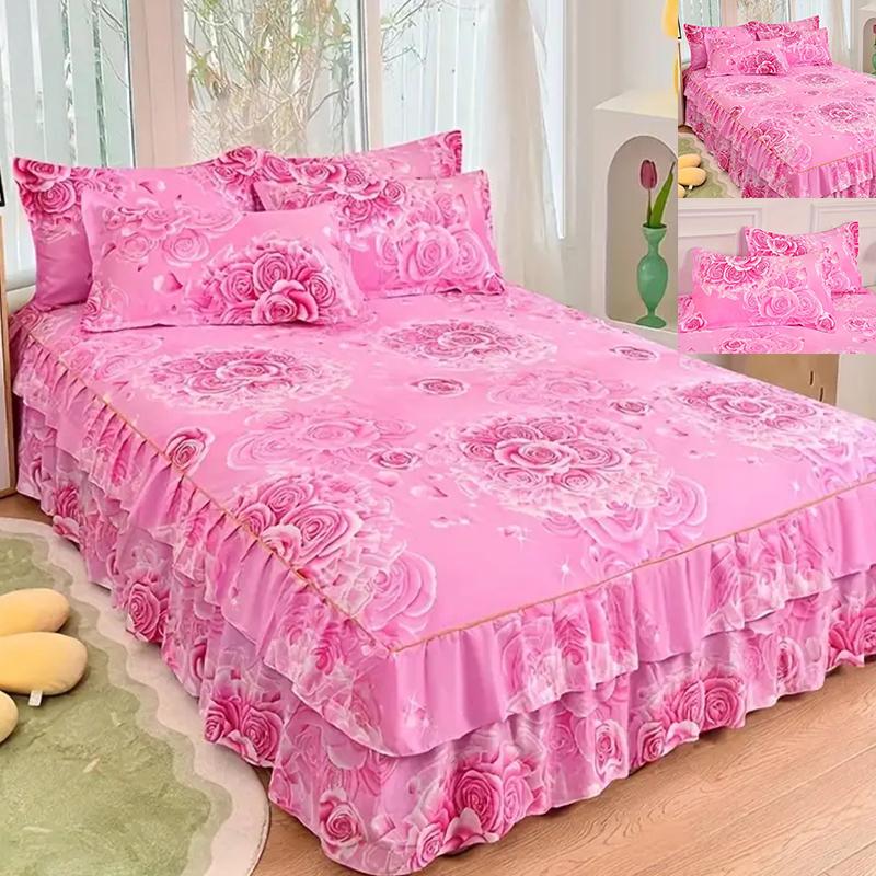 3PC Printed Bed Skirt Set 1Bed Skirt+2Pillowcases Floral Lace Bed Skirt Breathable Soft Bed Cover Bedding Set 360 ° Anti Slip Mattress Protector Cover