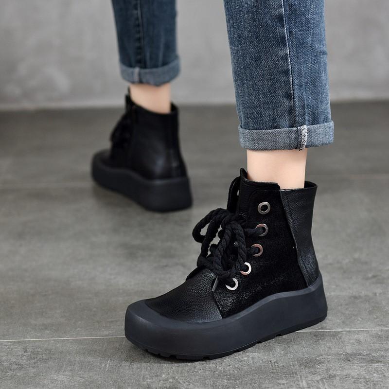 Johnature Retro Genuine Leather Short Boots Lace Up Thick Sole Plush Warm Cotton Boots Women's Shoes