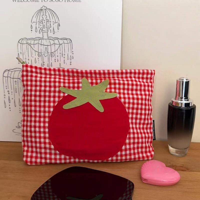 1Pcs Portable Handheld Toiletry Pouch Cute Large Capacity Red Grid Tomato Makeup Bag Minimalist Versatile Cosmetic Organizer