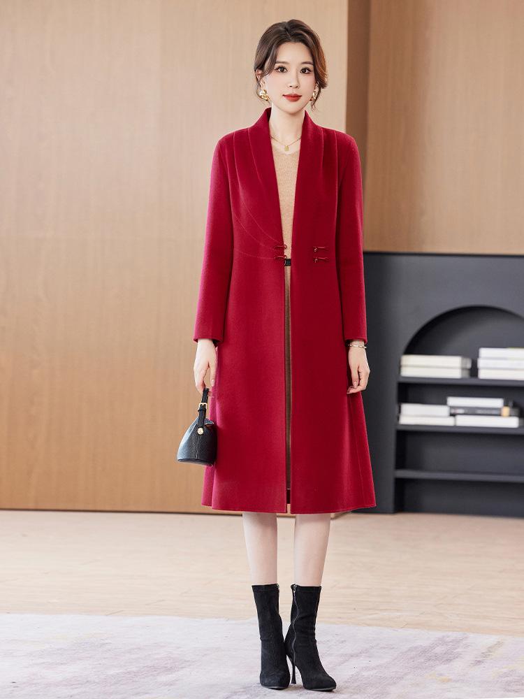 Women's Red Double-Sided Long Wool Coat - 2025 Autumn/Winter Slimming Over-the-Knee Style
