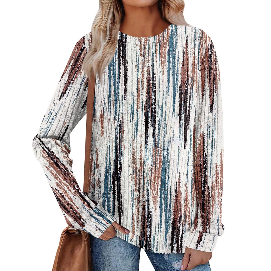 Women's Winter Color-Block Printed Lightweight Brushed-Cotton Round Neck Top