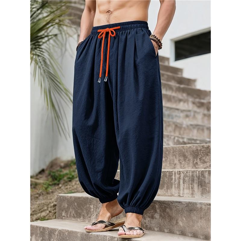 Men's Loose-fit Harem Pants, Elastic Drawstring Waist, Non-stretch Casual Lantern Trousers, Lightweight Quick-dry