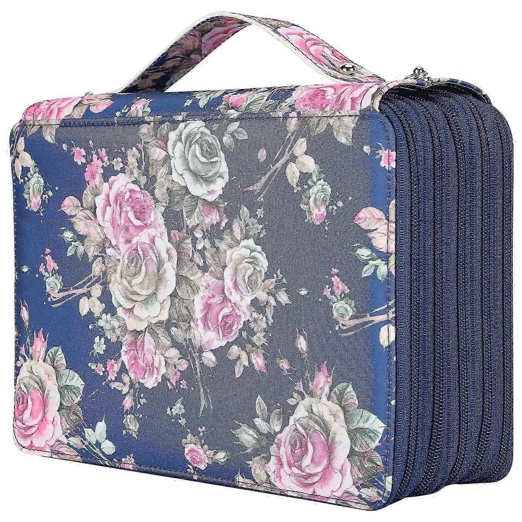 Pencil Case Rose Printed Multi Layer Zipper 252 Slots Portable Pen Holder Storage Pocket(Blue Background Rose ) 25-26s