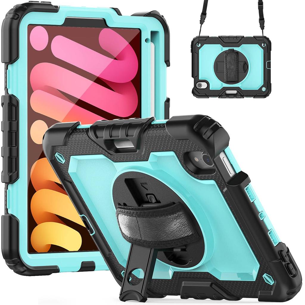 Case for IPad Mini 7 (A17 Pro)2024/ Mini 6 8.3'' with Screen Protector Pencil Holder [360 Rotating Hand Strap] &Stand Shockproof