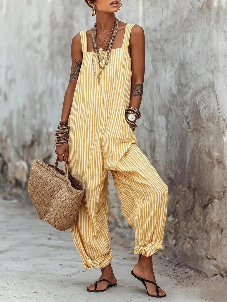 Women's Sleeveless Side Tie Wide Leg Jumpsuit Striped Casual Romper