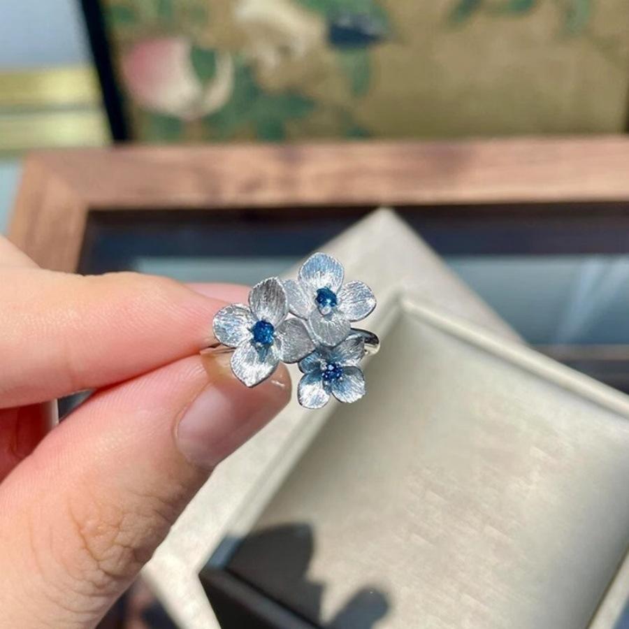 Brushed blue zircon hydrangea ring women s design index finger ring new Chinese ring new