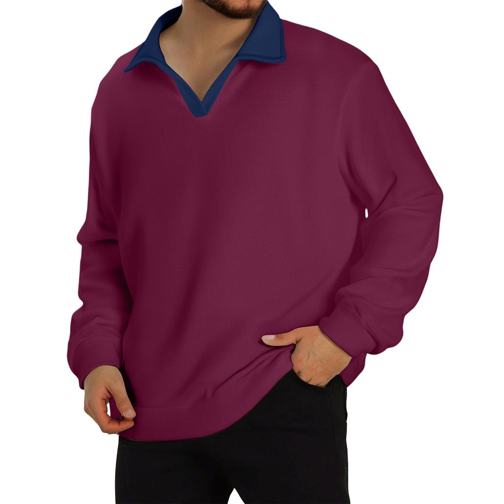 Men's Casual Color-Block Collared Long-Sleeve Knit Base Layer Top