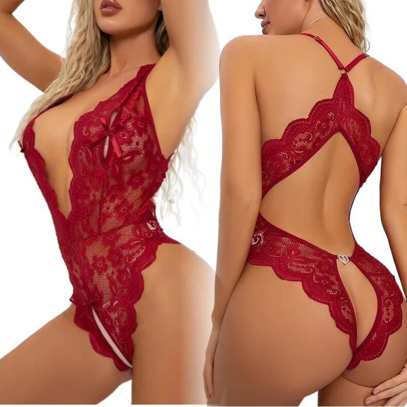 Sexy Lingerie Women Sleepwear Open Croth Bodysuit EroticTransparent Lace Lingerie Deep V Open Bra Lenceria Sex Underwear Set