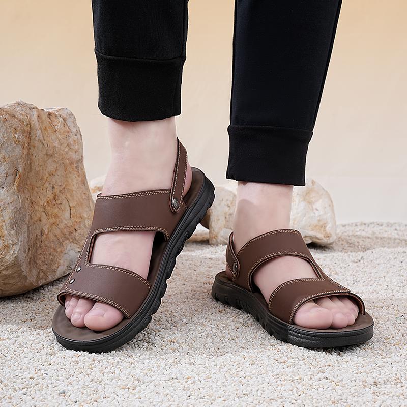 Men White Flats Sandals Summer Brown Wide Head Roman Sandals Retro Black Leather Beach Shoes Plus Size