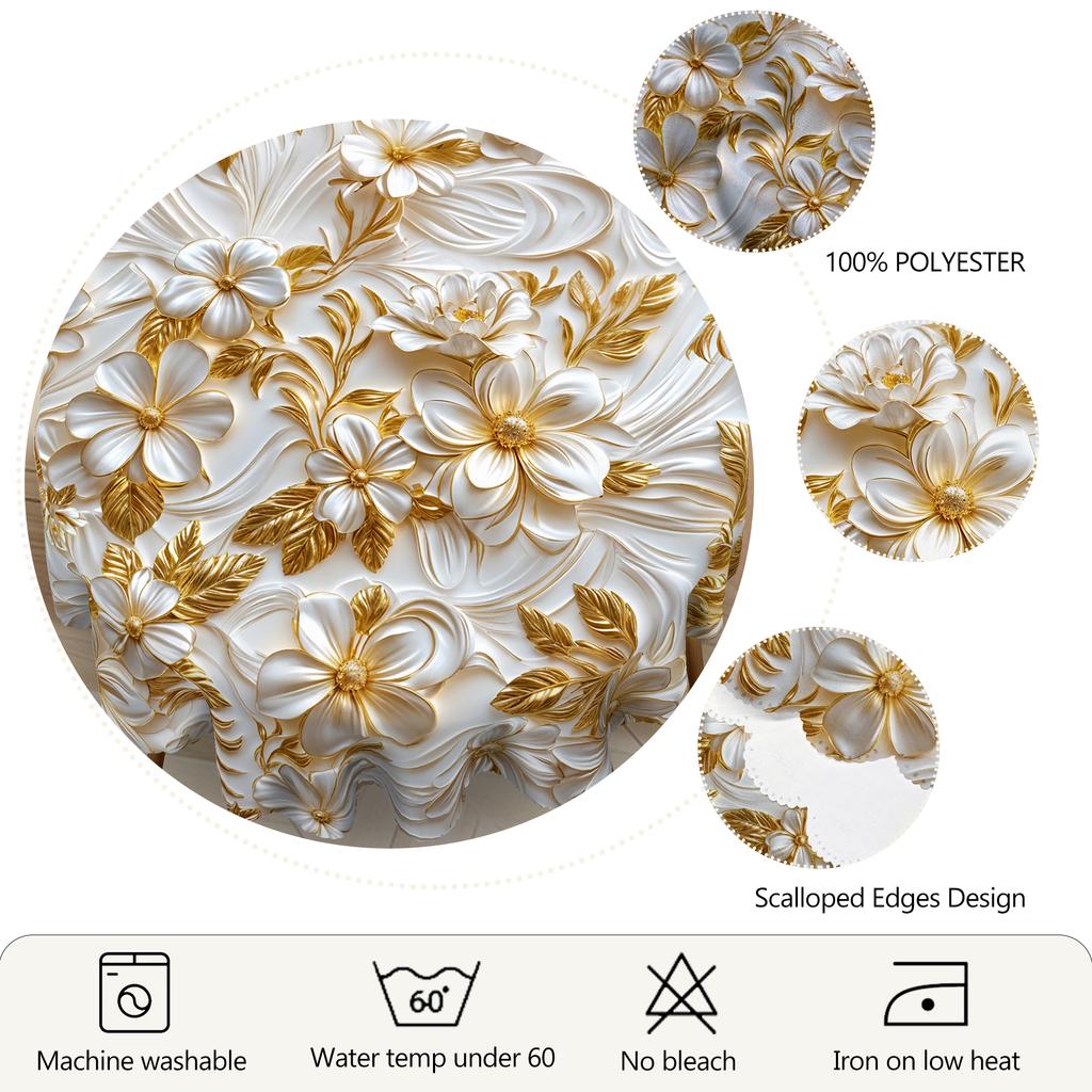 1 Piece Of Retro Floral Round And Rectangular Tablecloths, Available In Various Sizes, 3D Stereo Gold Floral Pattern Printing Design, Spring And Summe