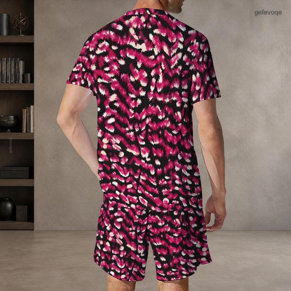 Men Plus Size Blue White Printed Round Neck Short Sleeve Top And Shorts With Pockets Two Piece Set