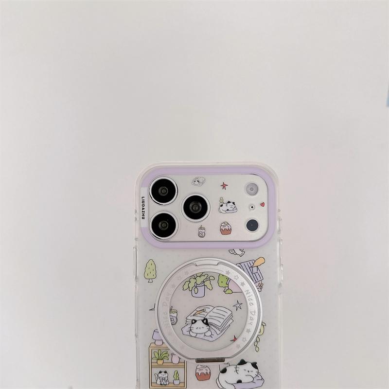 Kawaii Cartoon Dog Cat Print Ring Holder Phone Case For iPhone 15 16 17 Pro Max INS Korean Style Large Window Shockproof Cover