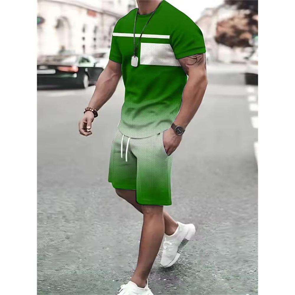 Striped And Geometric Pattern Men's Fashion Tie-dye Sets Summer 3d Gradient Printed Short Sleeve T-Shirts And Shorts Two Piece