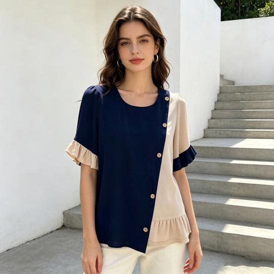 Women Tops Crew Neck Short Sleeve Pullover Tops with Irregular Ruffle Hem Block Design Buttons Decor Loose Fit Versatile Blouse