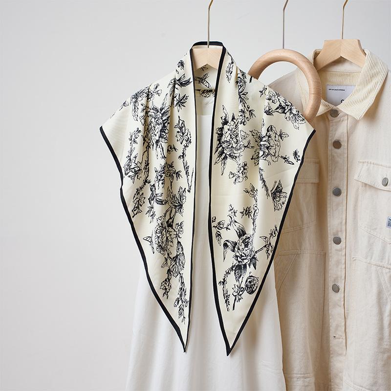 Vintage Chinese Style Floral Printed Black White Soft Imitated Silk Triangle Neck Scarf