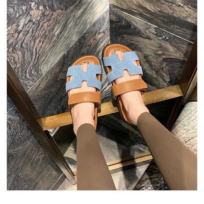 H Slippers Women's Leather Sandals with Thick Bottom New Summer Wear Velcro Soft Open Toe Flat Bottom Mop