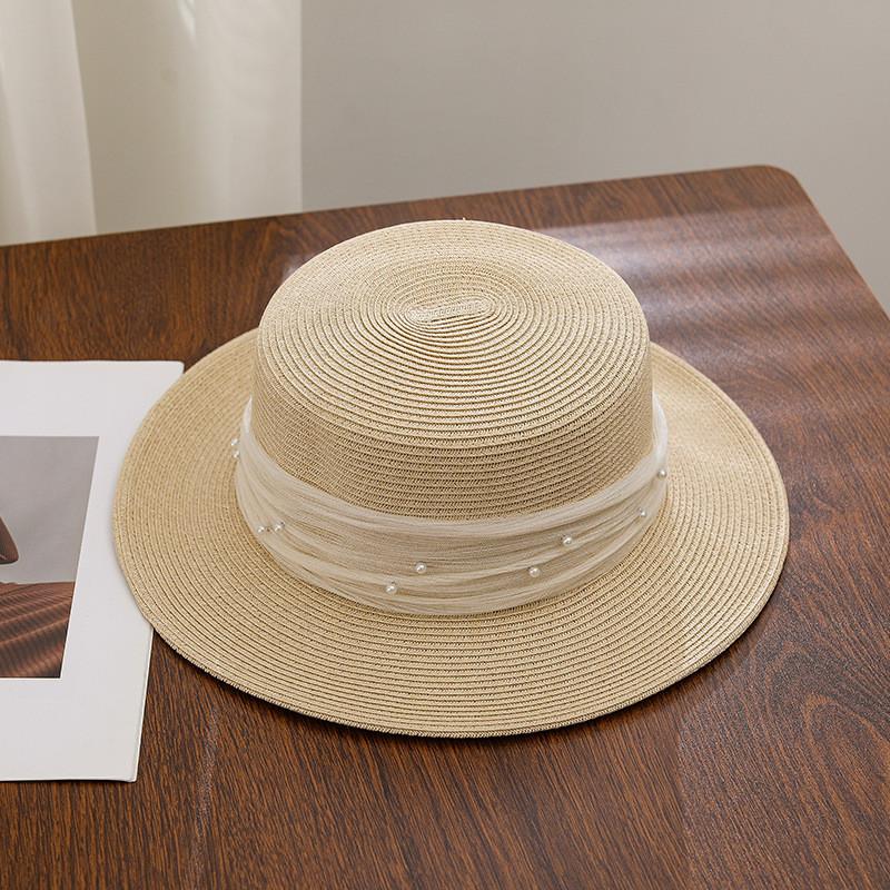 Cappello di Paglia con Perle e Pizzo Francese Estivo Protezione Solare Ampia Tesa Per Uscite in Spiaggia