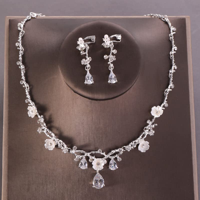 Tiara Earrings or Earrings Set Bridal Wedding Cosplay Silver Rhinestone Zirconia Necklace, 3-Piece (Silver Earrings)