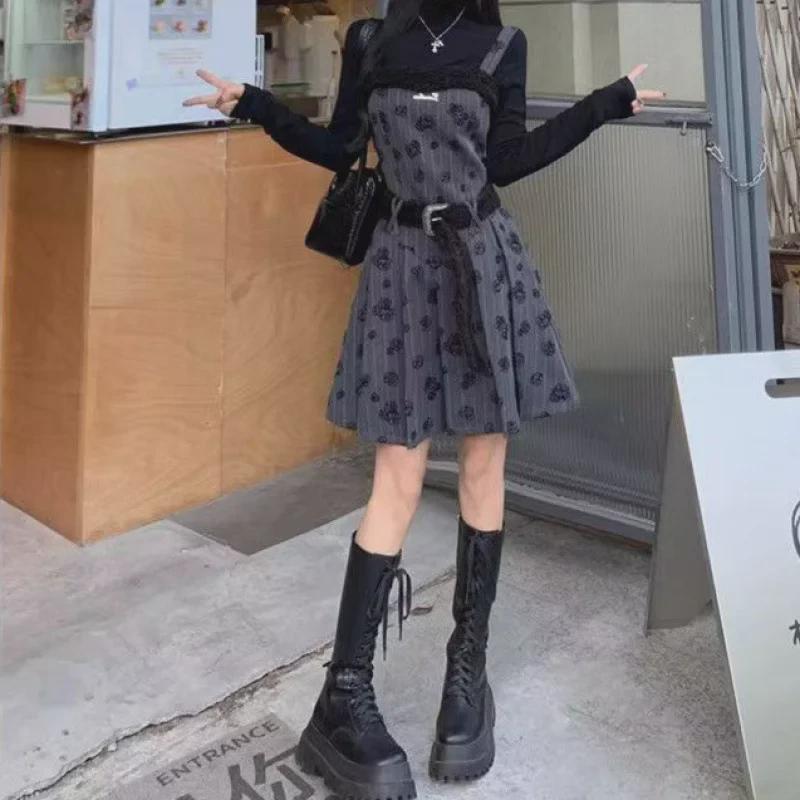 2024 Autumn French Retro Pleated Slim Suspender Dress & Long Sleeve Set