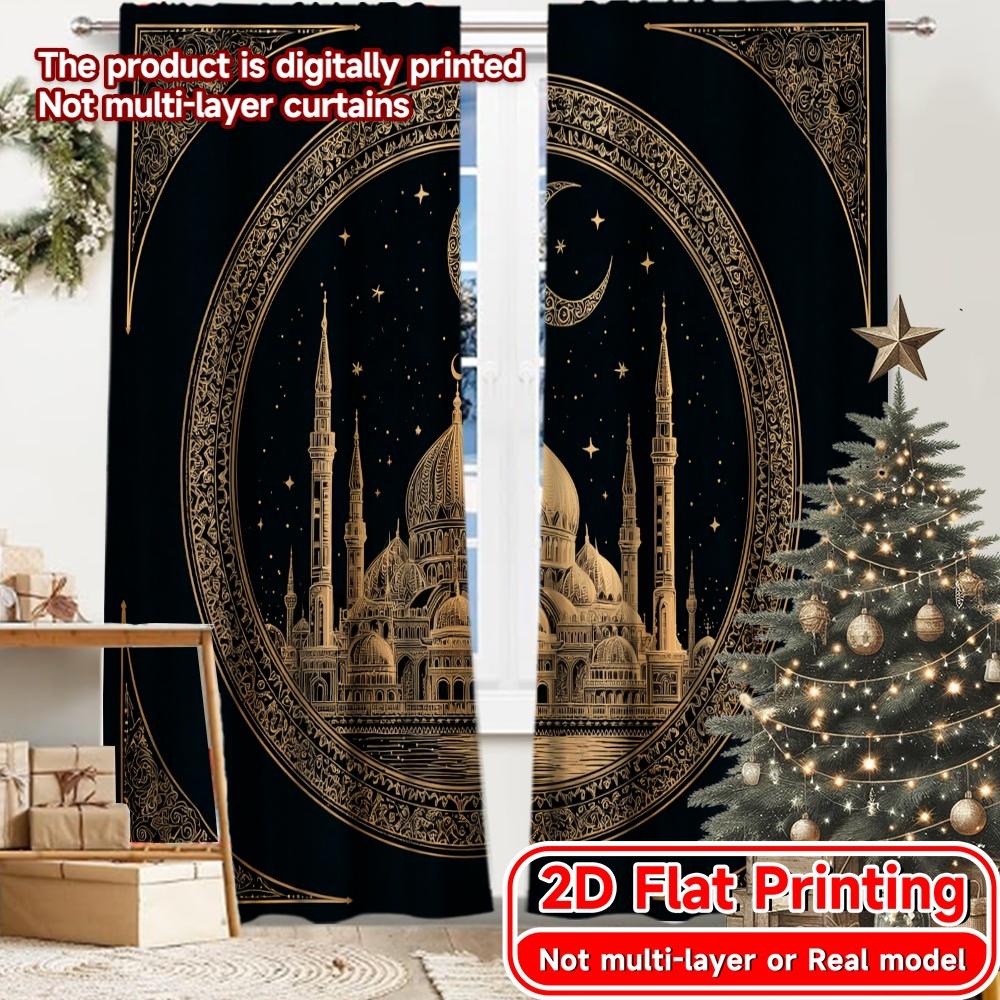 

Set Of 2 Flat Printing Golden Mosque Chic Pattern Curtains Versatile Polyester Decorations Outdoor Perfect Curtain W100*H70(CM)-Hooks&1PCS