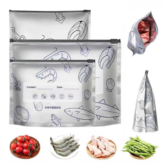 30 Stück Aluminiumfolien-Verschließbeutel Wiederverwendbare Auslaufsichere Ziplock-Gefrierbeutel Stehende Lebensmittelaufbewahrungsbeutel mit Etikett für Frische Obst Gemüse Fleisch