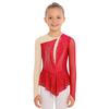 Girls Figure Skating Dance Dress: Long Sleeves Finger Holes Keyhole Back Mesh Patchwork Shiny Rhinestones Asymmetrical Hem