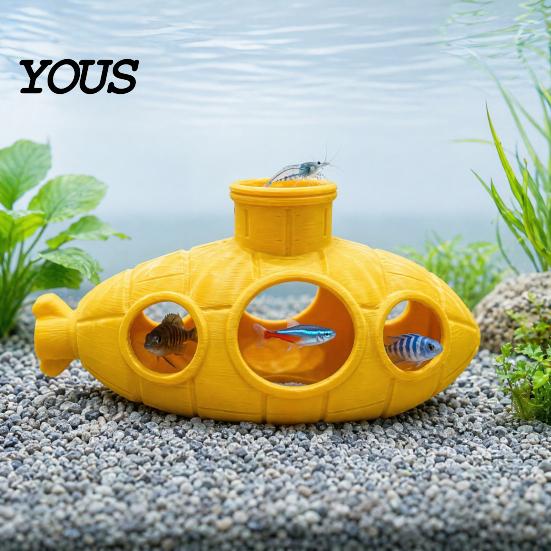 Aquarium Hiding House 3D Printed Hollow Submarine Fish Tank Decorations, Shrimp Hideout Breeding Ornament, Cave Shelter for Betta Lizards