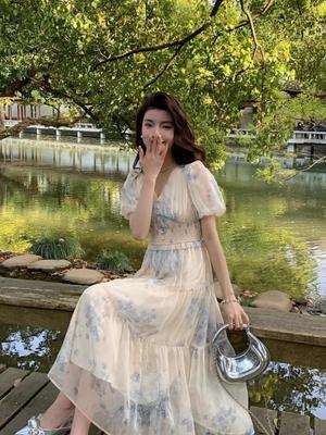 Elegant French Floral Print Summer Dress - V-neck Puff Sleeve High Waist, Sweet or Cool Style