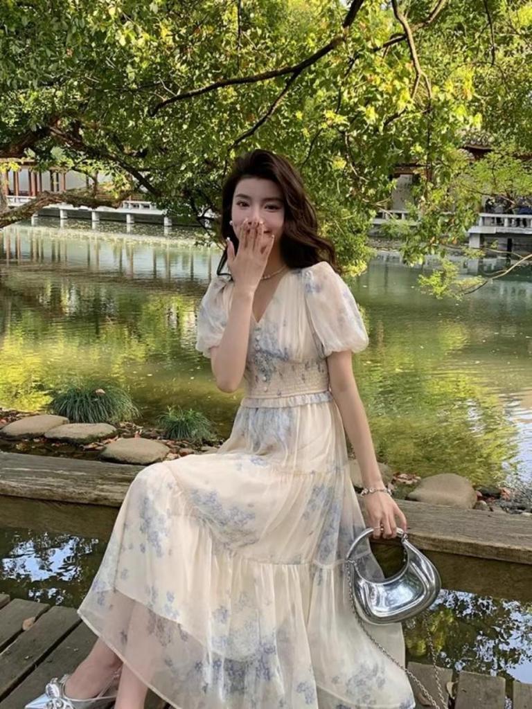 Elegant French Floral Print Summer Dress - V-neck Puff Sleeve High Waist, Sweet or Cool Style