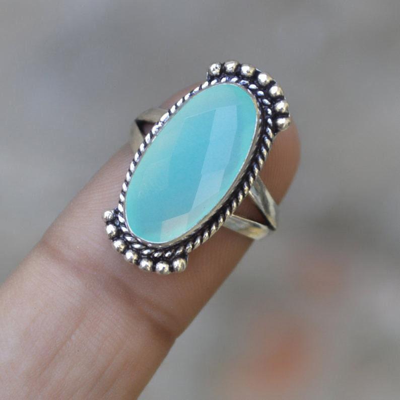 Genuine Oval Aqua Chalcedony 925 Sterling Silver Ring Jewelry