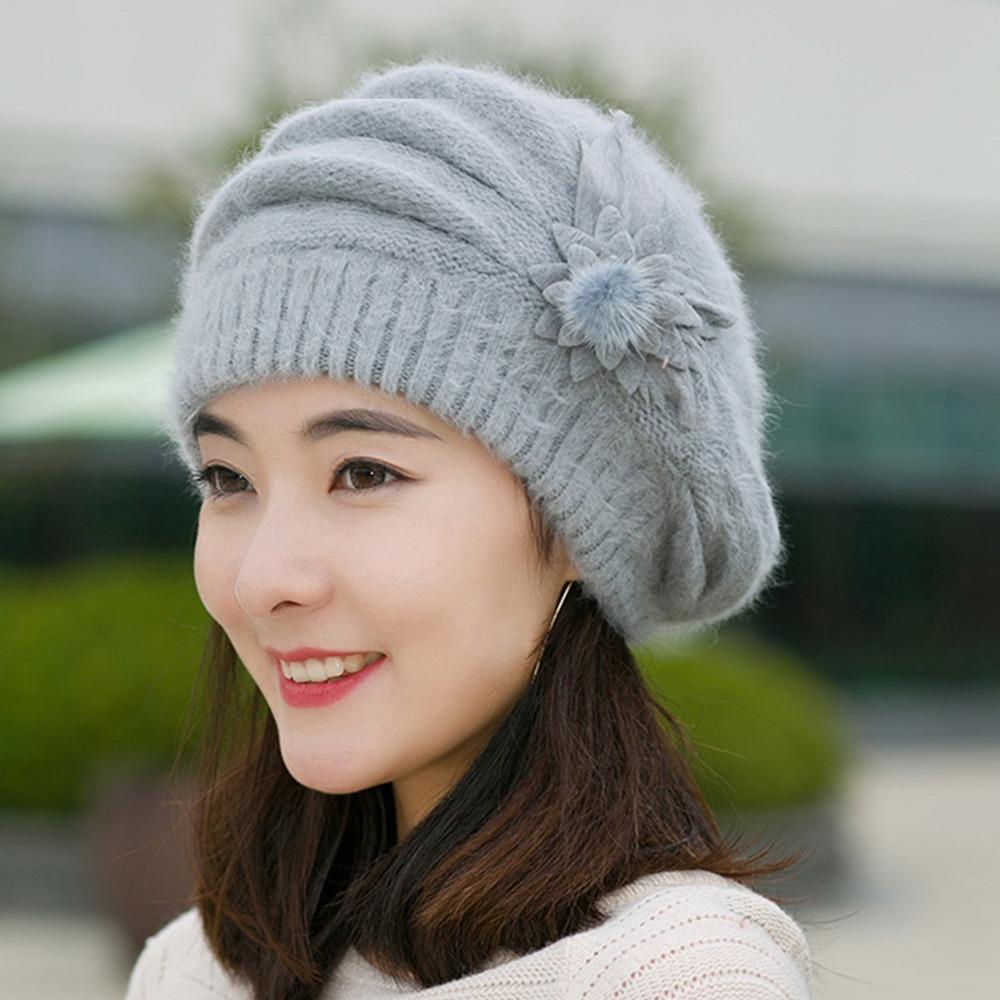 Pure Color Mom Hat Knitted Wool Female Berets Casual Winter Flower Hat  Autumn Winter