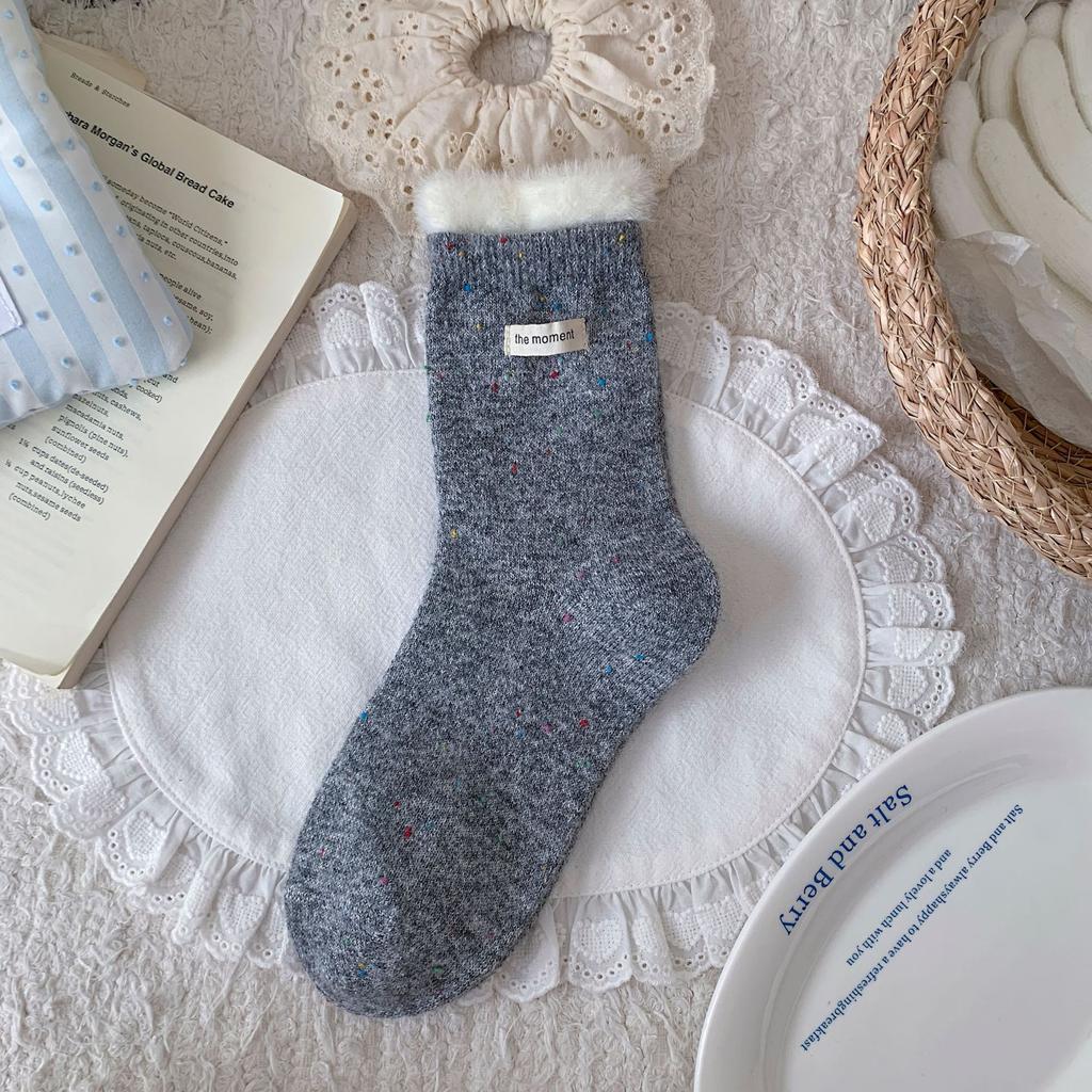 Dot Yarn Wool Socks Children'S Letter Cloth Label Medium Tube Socks Thermal Thickened Plush Stacking Socks