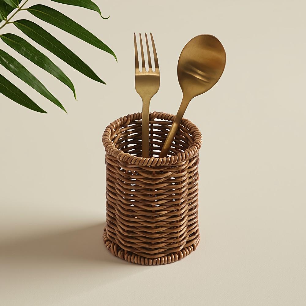 Vintage Rattan Chopstick Holder, Kitchen Utensil Storage Basket, Tabletop Cutlery Caddy for Dining Hanging Baskets