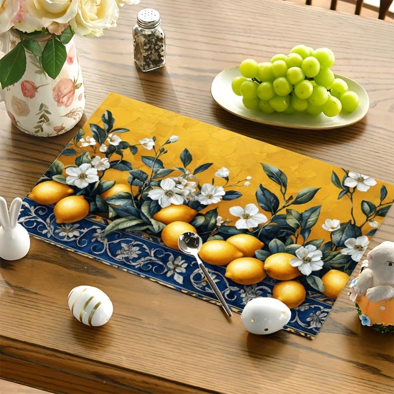 4pcs, Spring Placemats, All Seasonal Table Mats, Bright Yellow Blue Lemons White Decorative, Heat-Resistant Coffee Placemats, Suitable for Indoor, Out