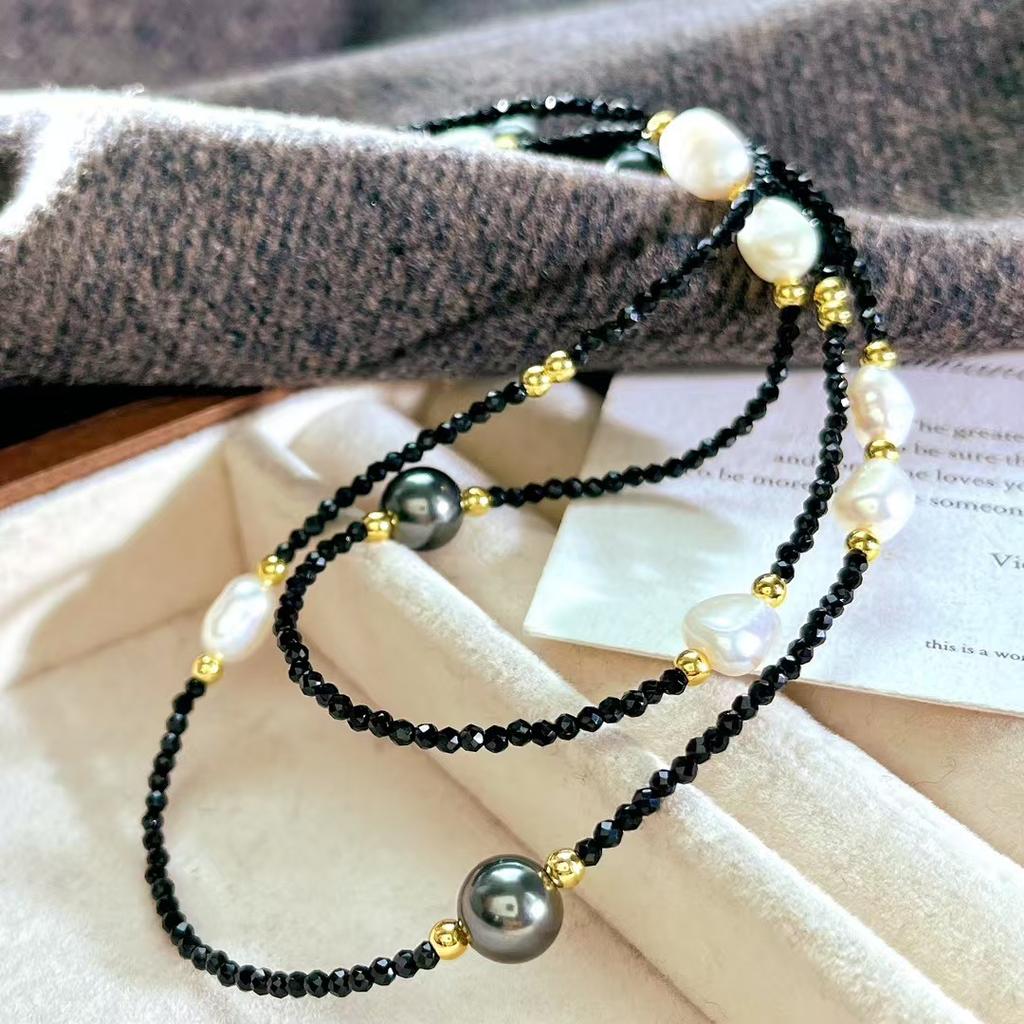 Vintage Design Sense Natural Baroque Pearl Faux Crystal Tahitian Black Pearl Collarbone Chain Necklace